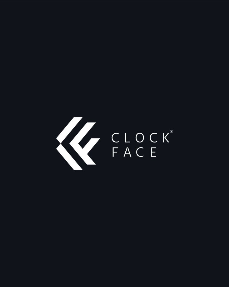Clockface lockup: monogram and the word CLOCK FACE, in white on a dark background