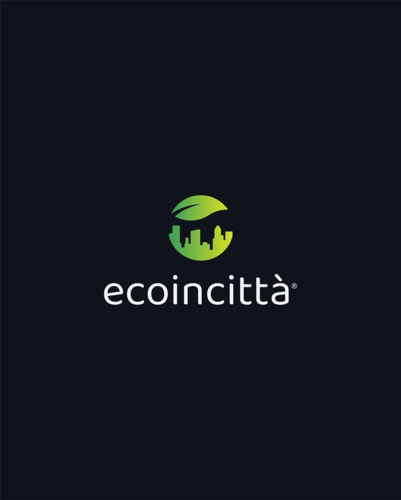ecoincittà logo: gradient mark above a white wordmark, on a dark background