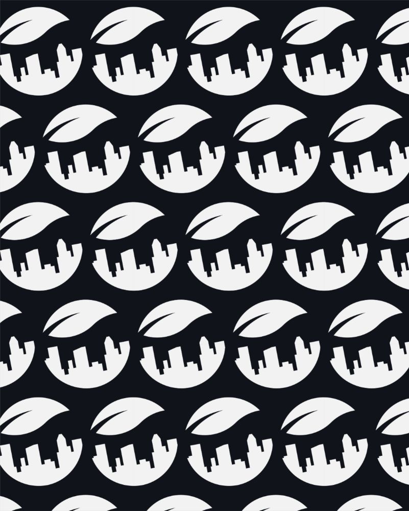Repeating pattern of the white ecoincittà mark on a dark background
