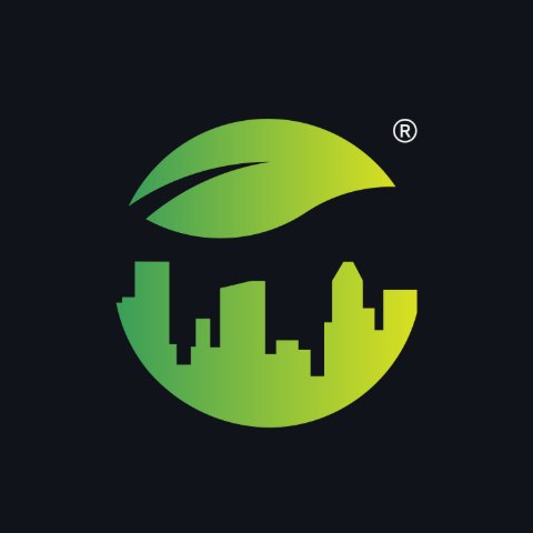 ecoincittà mark: a leaf forms the top of the letter e, sheltering a city skyline