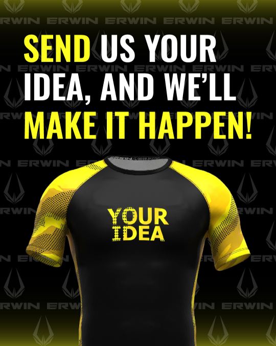 Carousel post 2: “Send us your idea, and we'll make it happen!” with a rashguard printed YOUR IDEA