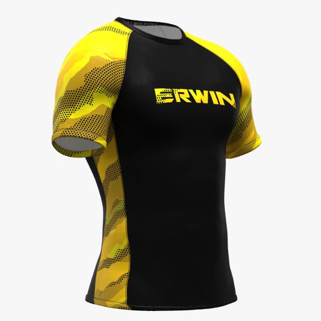 Black and yellow camouflage rashguard with the Erwin logo