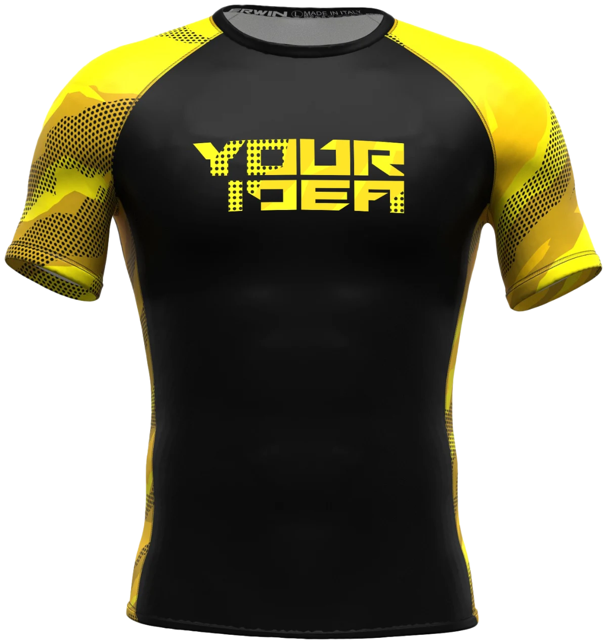 Black and yellow rashguard with the words YOUR IDEA across the chest