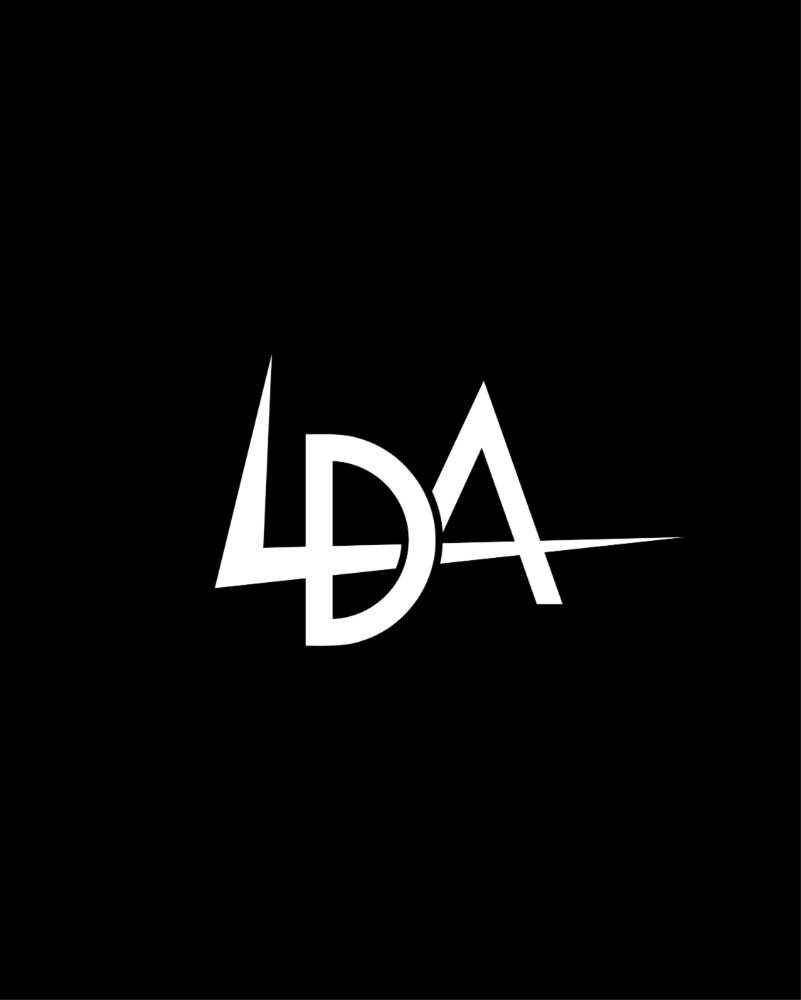 LDA logo entirely in white on a dark background