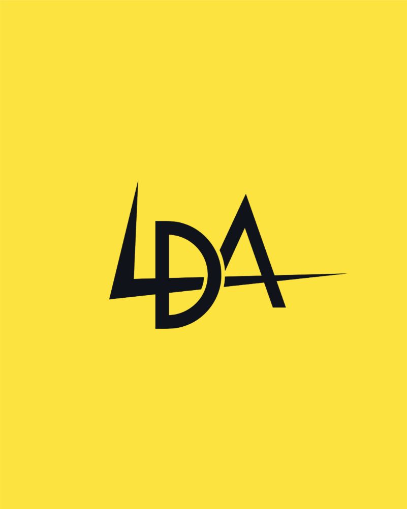 LDA logo in black on the brand yellow
