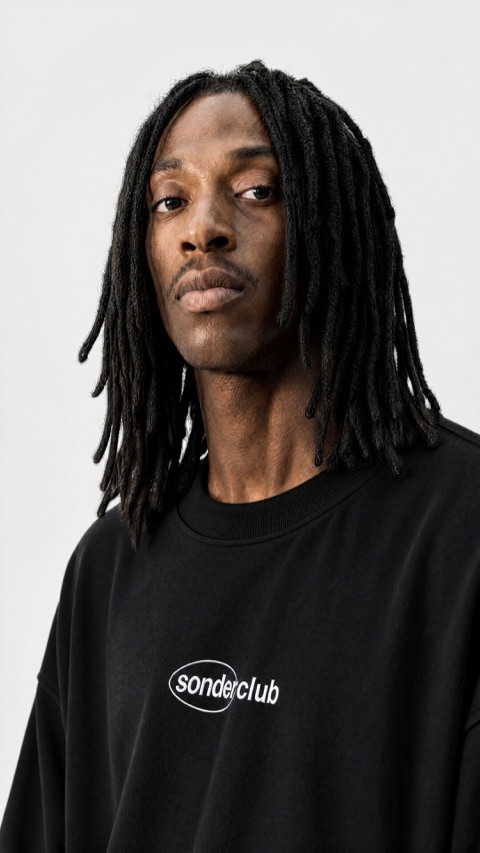 Studio portrait of a man with long braids in a black t-shirt with the sonderclub logo, on a light background