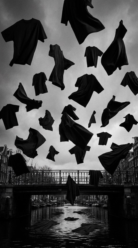 Black-and-white image of black t-shirts floating in the sky above an Amsterdam canal and bridge